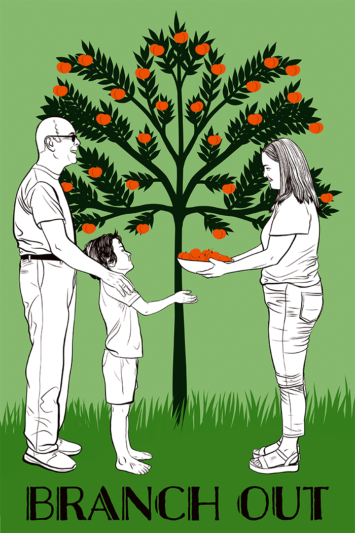 A pale green background over a darker green lawn holds a peach tree. Arond the peach tree that is a darker green with peachy orange fruit, are three people. A woman holds out the fruit to a young child and older man standing opposite her around the tree. Below them it reads Branch Out.